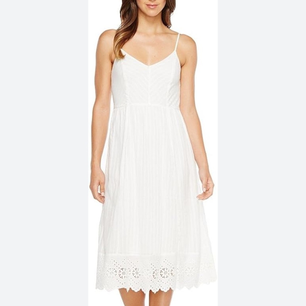 Lucky brand size XSP the Candi dress white cotton w eyelet fringe lined midi